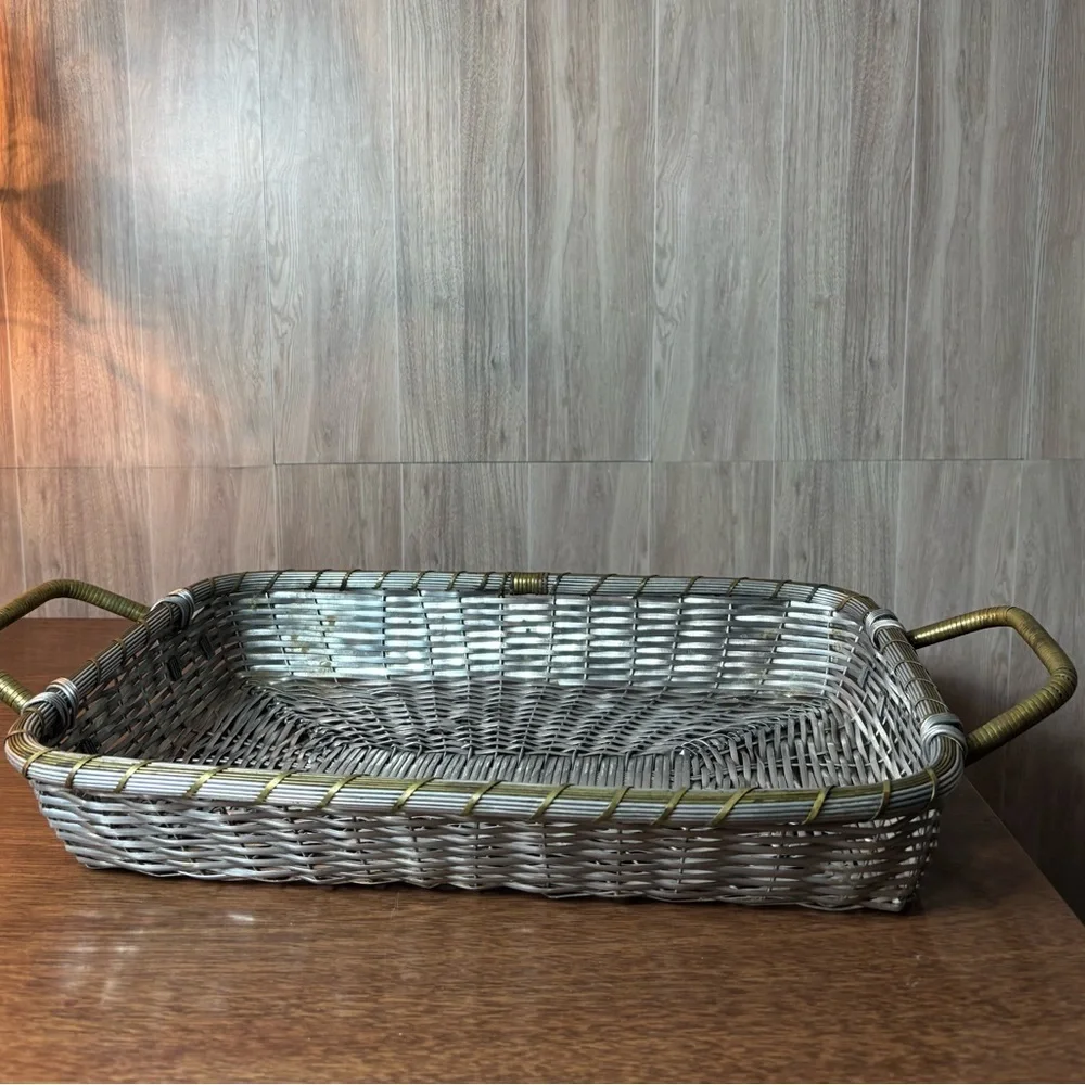 Vintage Aluminum And Brass Gray Woven Rectangular Basket with Brass-Tone Handles